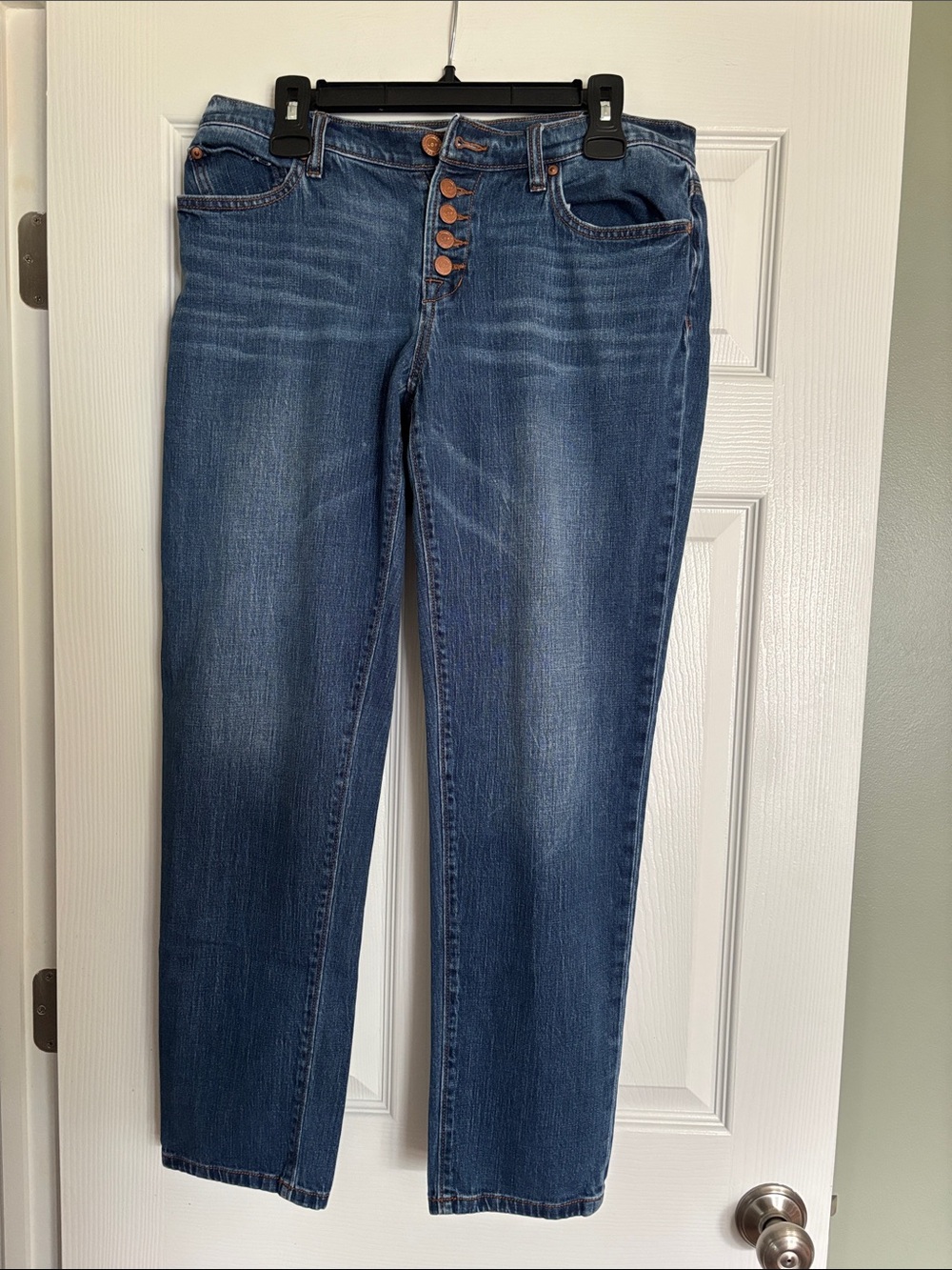 LOFT Women's Straight-Leg Button-Fly Jeans in Dark Blue